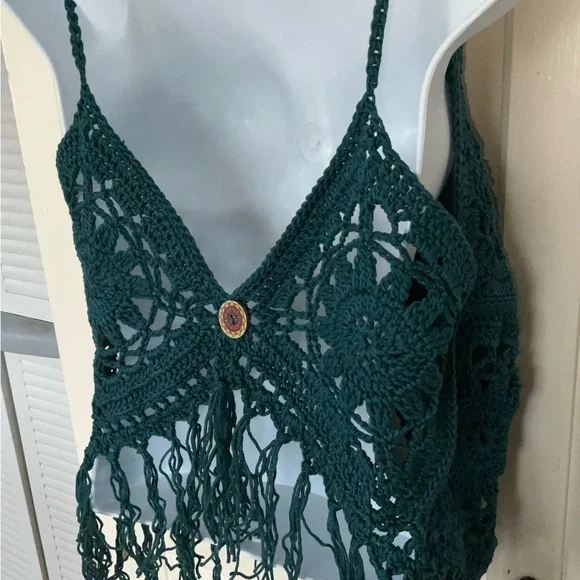 Hand Crafted Halter Crochet  Bohemian with Fringe Coverup  M/L Teal Green/Blue - Picture 3 of 11